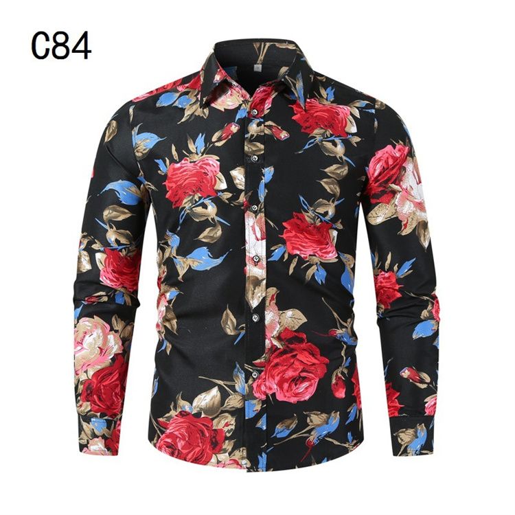Floral Printing Slim Button Lapel Long Sleeve Business Tops Blouse Casual Shirt