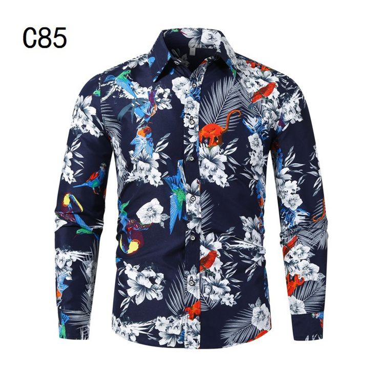 Floral Printing Slim Button Lapel Long Sleeve Business Tops Blouse Casual Shirt