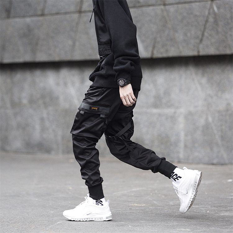 Fashion Men Ribbons Color Block Black Pocket Cargo Pants Harem Joggers Harajuku Sweatpant Hip Hop Trousers