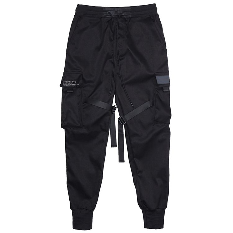 Fashion Men Ribbons Color Block Black Pocket Cargo Pants Harem Joggers Harajuku Sweatpant Hip Hop Trousers