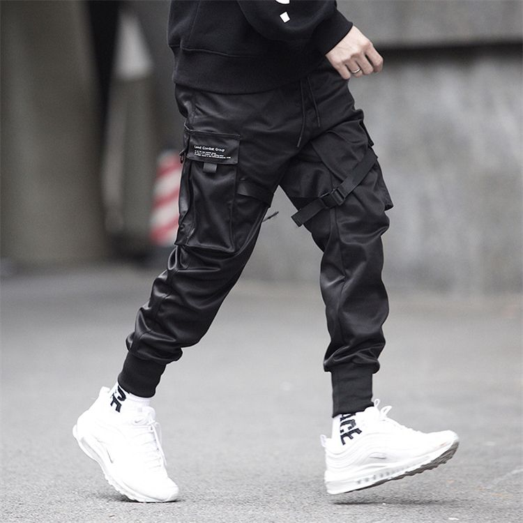 Fashion Men Ribbons Color Block Black Pocket Cargo Pants Harem Joggers Harajuku Sweatpant Hip Hop Trousers