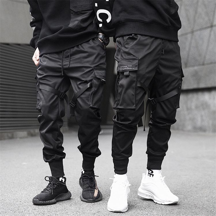 Fashion Men Ribbons Color Block Black Pocket Cargo Pants Harem Joggers Harajuku Sweatpant Hip Hop Trousers