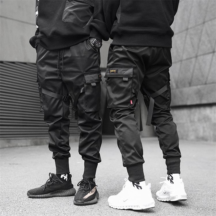 Fashion Men Ribbons Color Block Black Pocket Cargo Pants Harem Joggers Harajuku Sweatpant Hip Hop Trousers