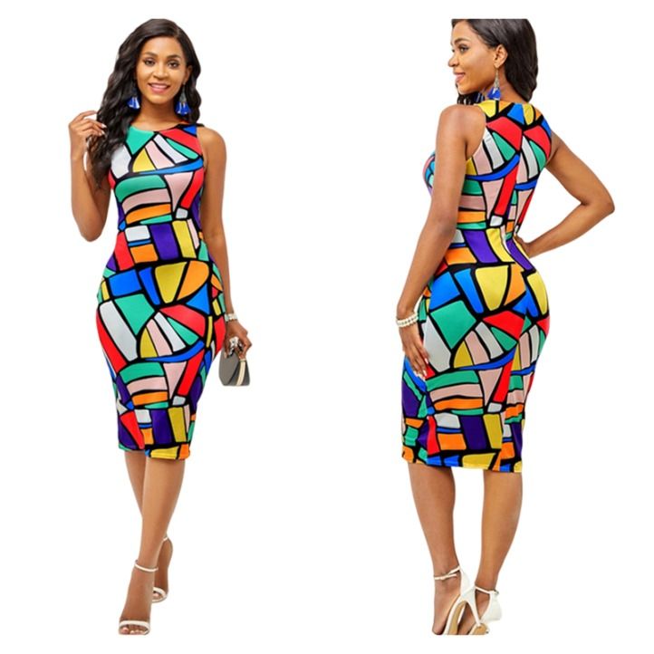 Fashion women's printed round neck sleeveless oversized mid dress
