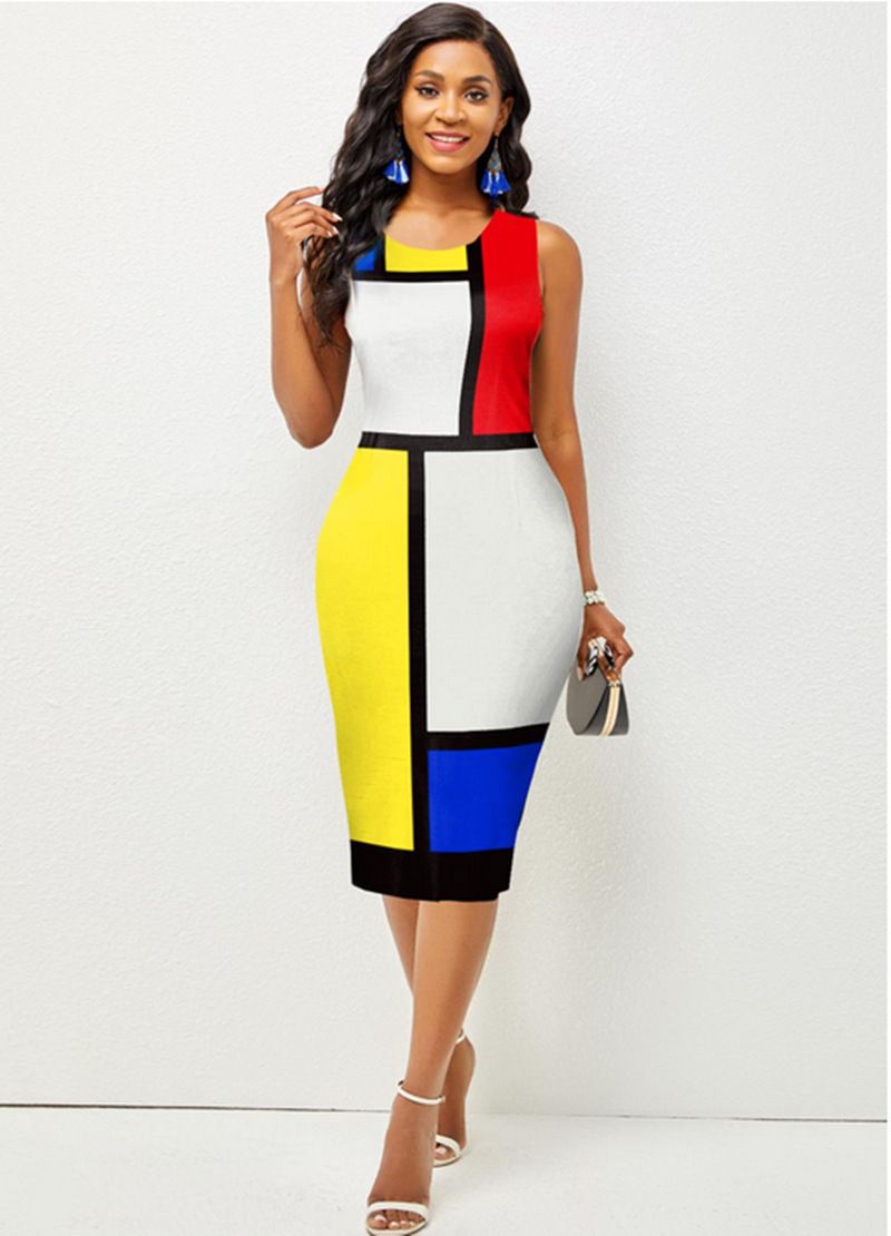 Fashion women's printed round neck sleeveless oversized mid dress
