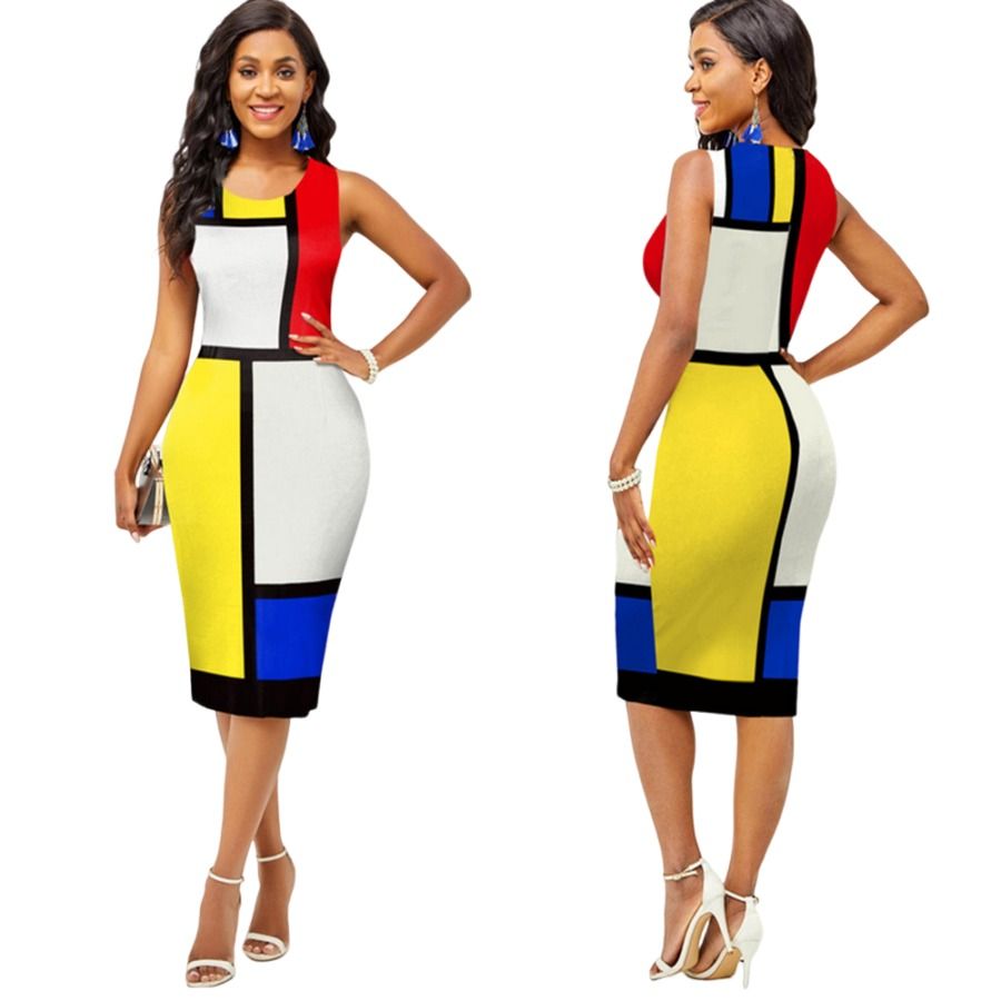 Fashion women's printed round neck sleeveless oversized mid dress