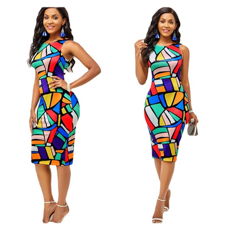 Fashion women's printed round neck sleeveless oversized mid dress