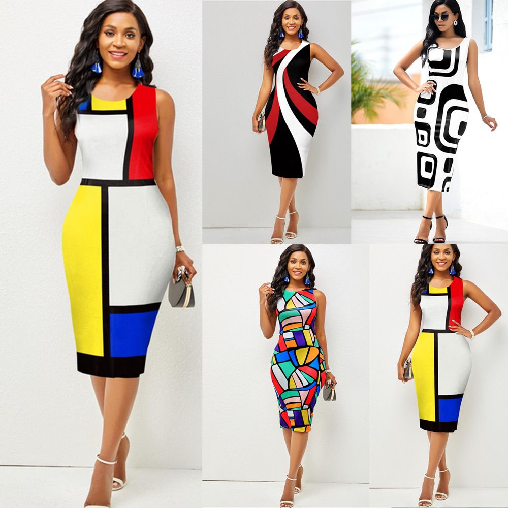 Fashion women's printed round neck sleeveless oversized mid dress