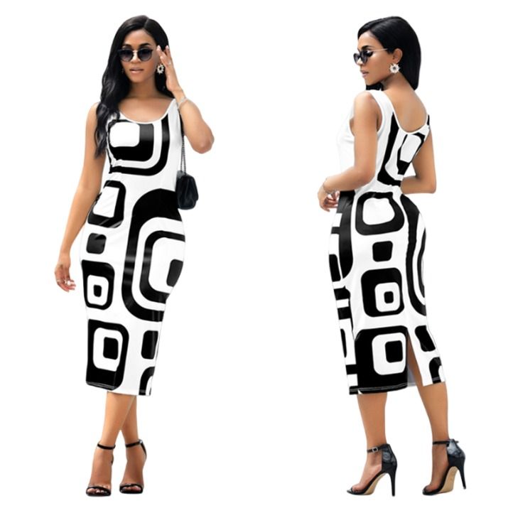 Fashion women's printed round neck sleeveless oversized mid dress