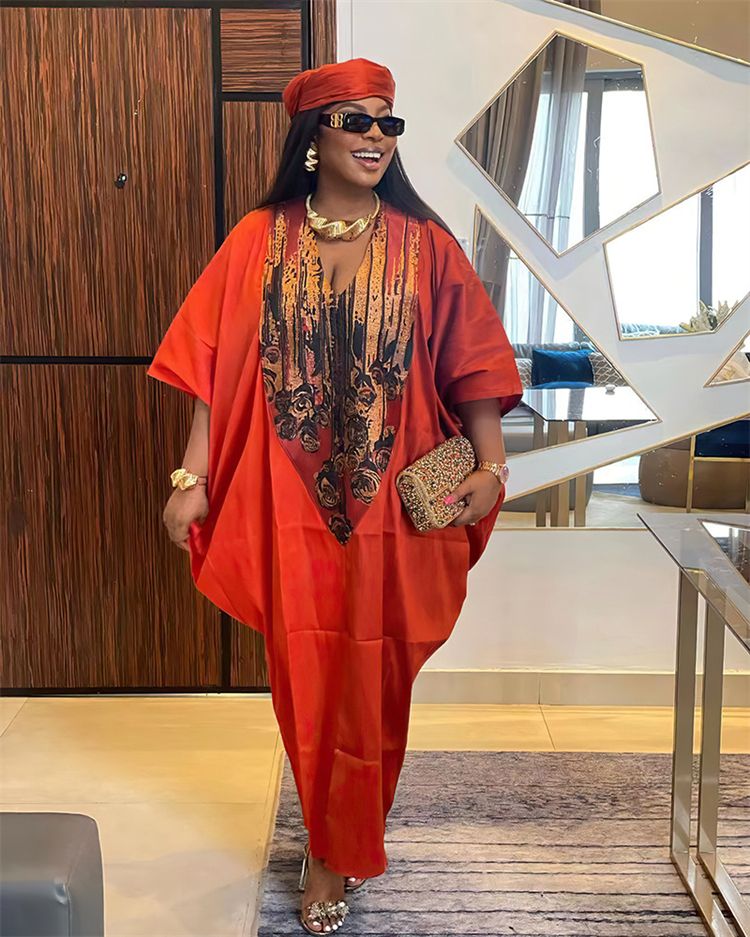 African Ayaba Ethnic Style Loose Fitting Robe With Headscarf Half Sleeve Oversized Color Matching Long Maxi Dress