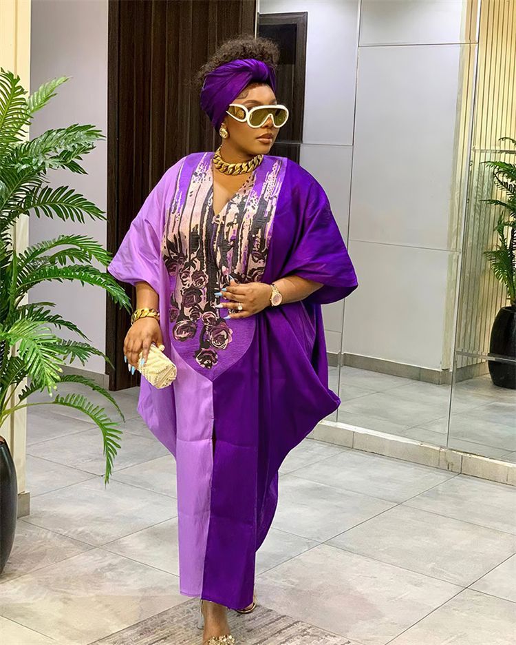 African Ayaba Ethnic Style Loose Fitting Robe With Headscarf Half Sleeve Oversized Color Matching Long Maxi Dress