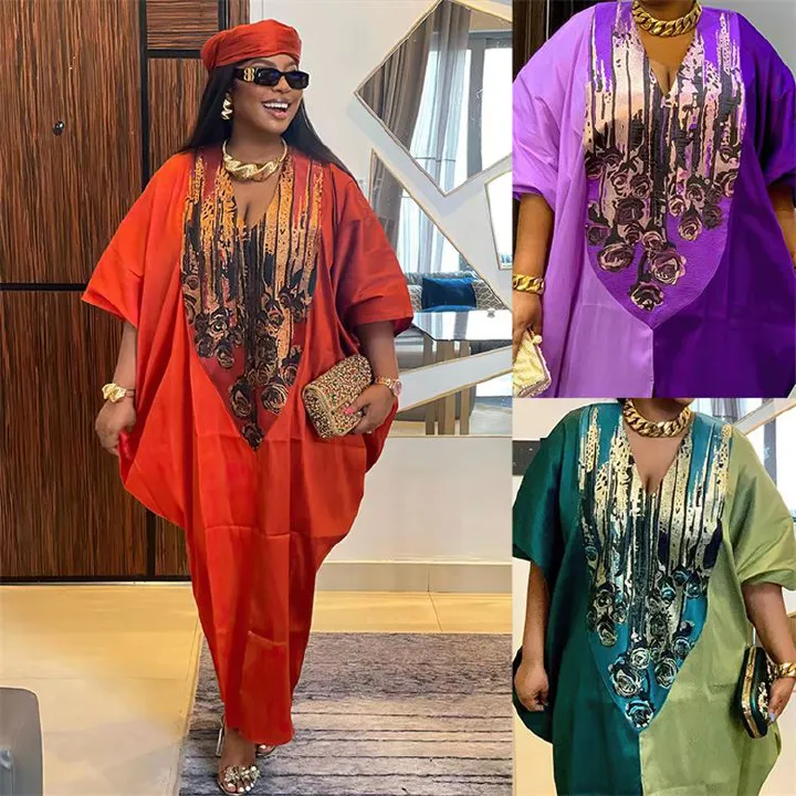 African Ayaba Ethnic Style Loose Fitting Robe With Headscarf Half Sleeve Oversized Color Matching Long Maxi Dress