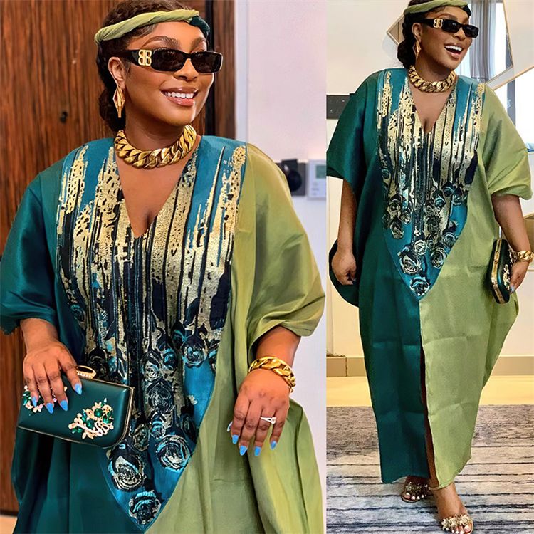 African Ayaba Ethnic Style Loose Fitting Robe With Headscarf Half Sleeve Oversized Color Matching Long Maxi Dress