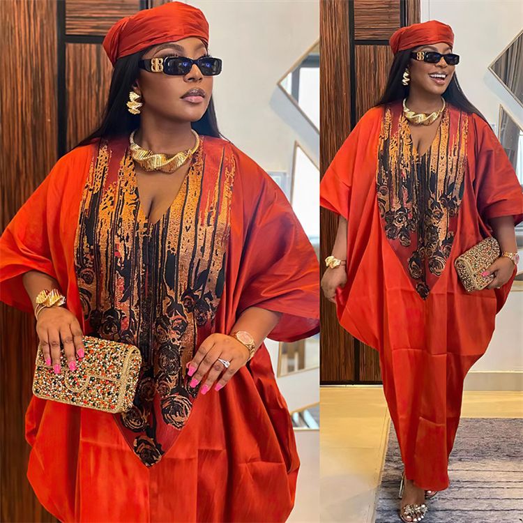 African Ayaba Ethnic Style Loose Fitting Robe With Headscarf Half Sleeve Oversized Color Matching Long Maxi Dress