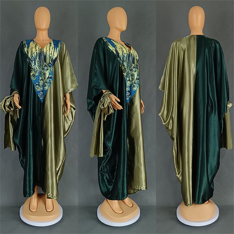 African Ayaba Ethnic Style Loose Fitting Robe With Headscarf Half Sleeve Oversized Color Matching Long Maxi Dress
