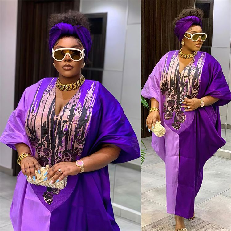 African Ayaba Ethnic Style Loose Fitting Robe With Headscarf Half Sleeve Oversized Color Matching Long Maxi Dress