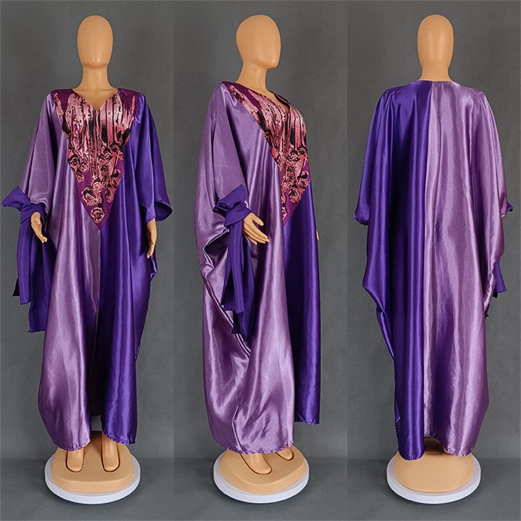 African Ayaba Ethnic Style Loose Fitting Robe With Headscarf Half Sleeve Oversized Color Matching Long Maxi Dress