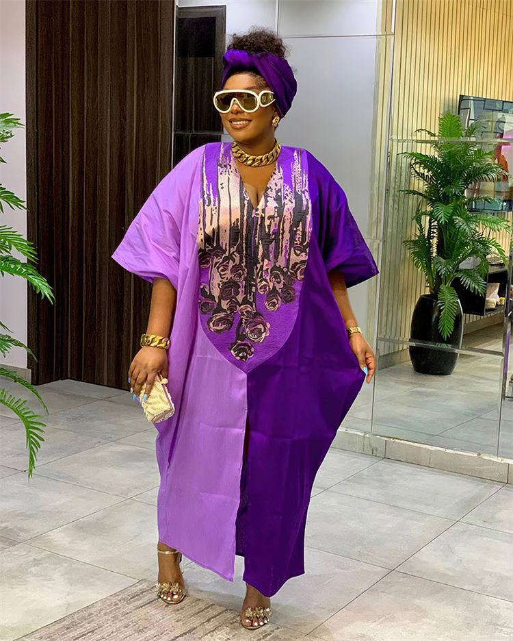 African Ayaba Ethnic Style Loose Fitting Robe With Headscarf Half Sleeve Oversized Color Matching Long Maxi Dress
