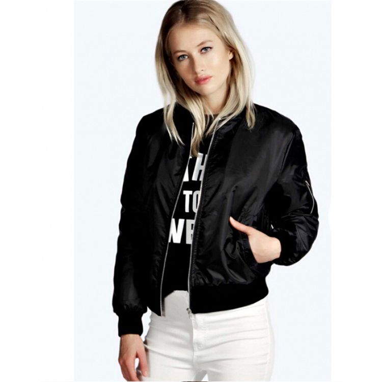 Fashion Autumn Women Stand Collar Zipper Closure Cropped Bomber Jackets