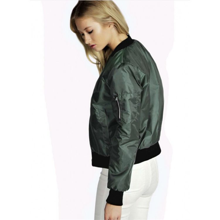 Fashion Autumn Women Stand Collar Zipper Closure Cropped Bomber Jackets