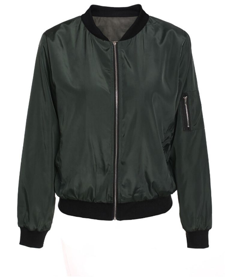 Fashion Autumn Women Stand Collar Zipper Closure Cropped Bomber Jackets