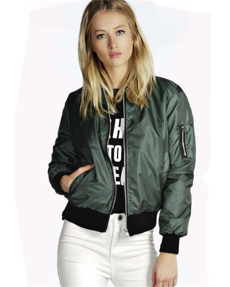 Fashion Autumn Women Stand Collar Zipper Closure Cropped Bomber Jackets
