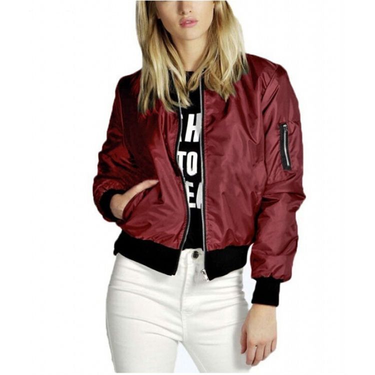 Fashion Autumn Women Stand Collar Zipper Closure Cropped Bomber Jackets