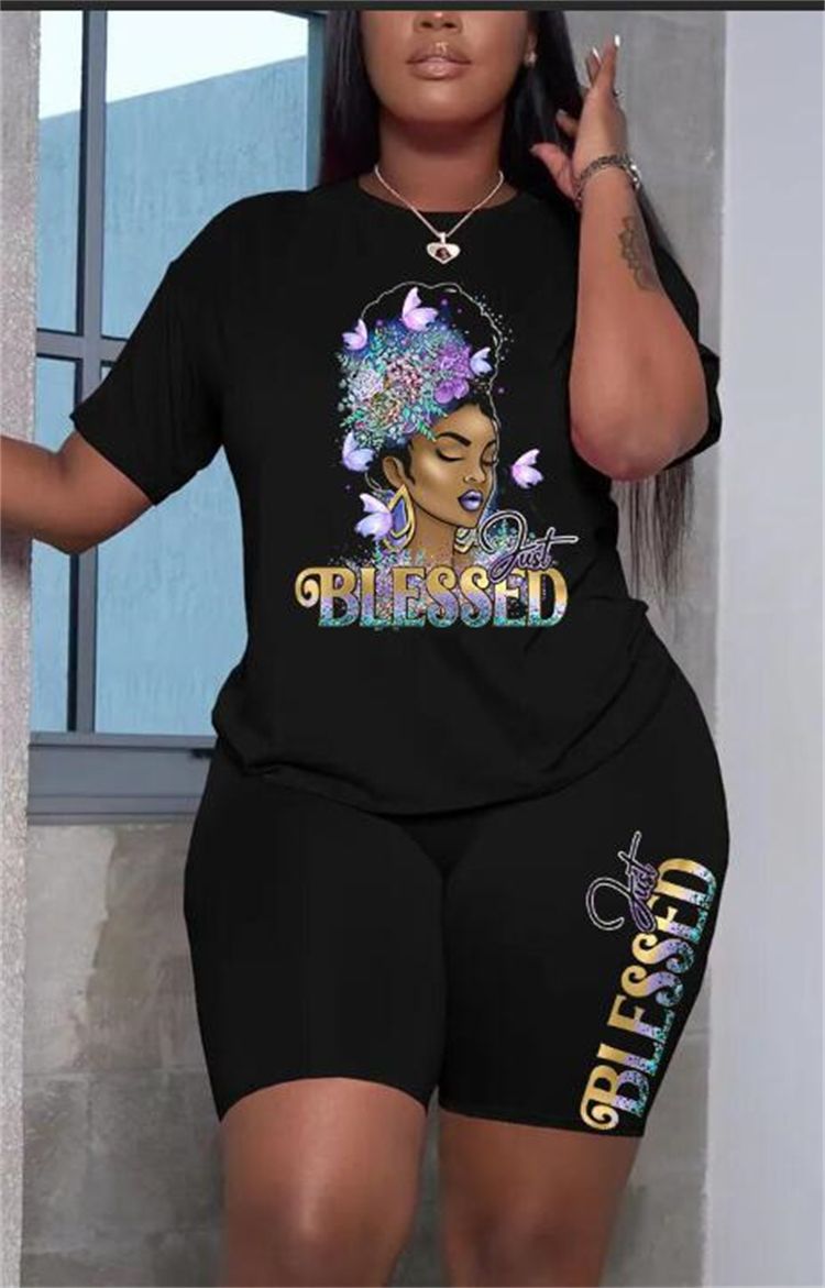 New plus size women's O neck casual print t-shirts shorts two piece set