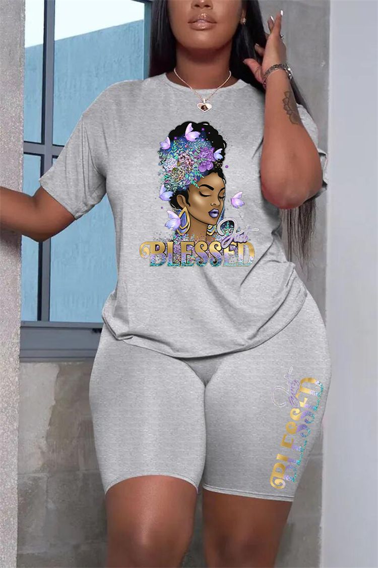 New plus size women's O neck casual print t-shirts shorts two piece set