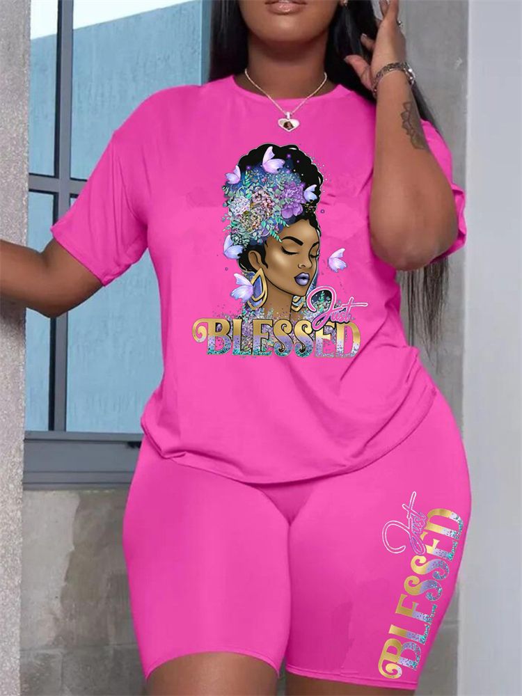 New plus size women's O neck casual print t-shirts shorts two piece set