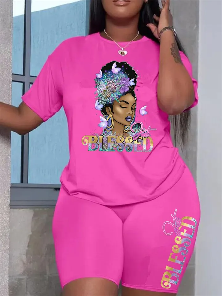 New plus size women's O neck casual print t-shirts shorts two piece set