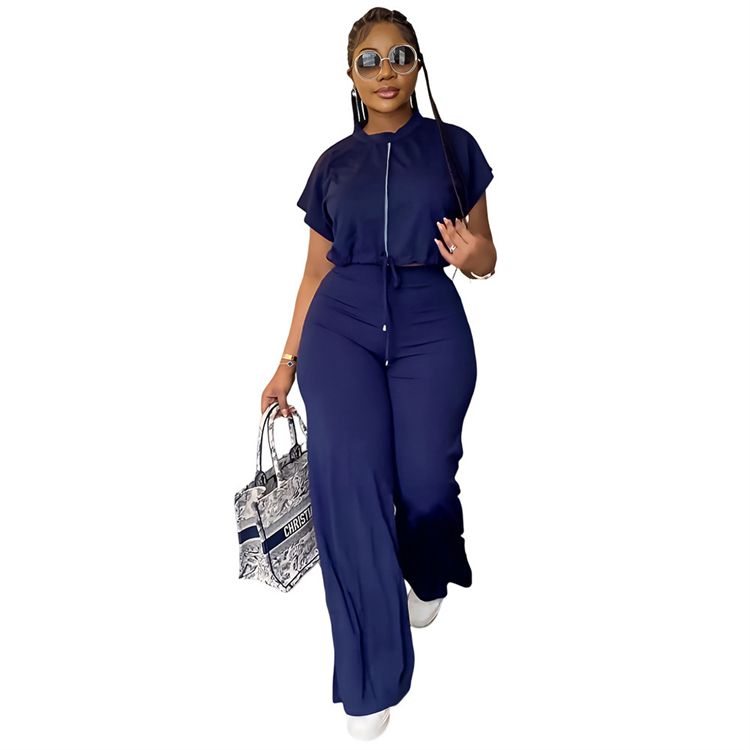 Drawstring Short Top High Waist Split Pants Summer Jogging Suits Two Piece Set Tracksuits
