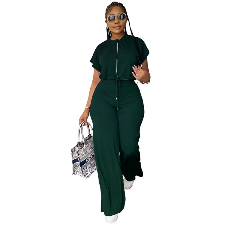 Drawstring Short Top High Waist Split Pants Summer Jogging Suits Two Piece Set Tracksuits