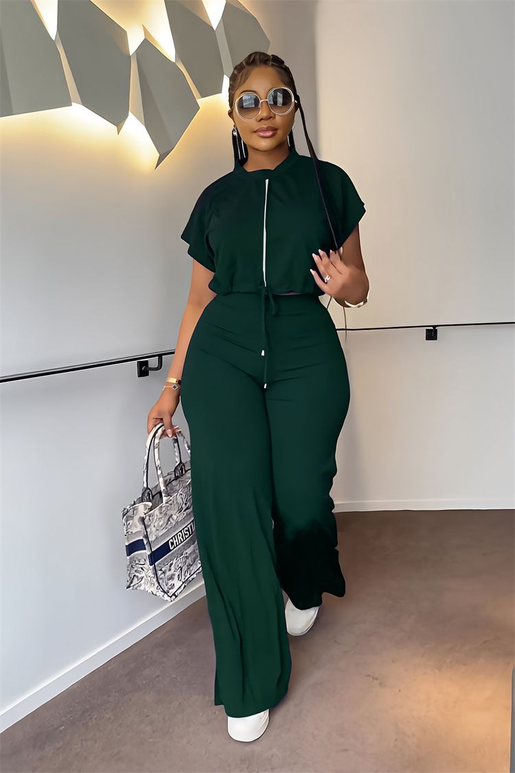 Drawstring Short Top High Waist Split Pants Summer Jogging Suits Two Piece Set Tracksuits