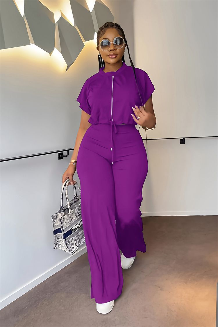 Drawstring Short Top High Waist Split Pants Summer Jogging Suits Two Piece Set Tracksuits