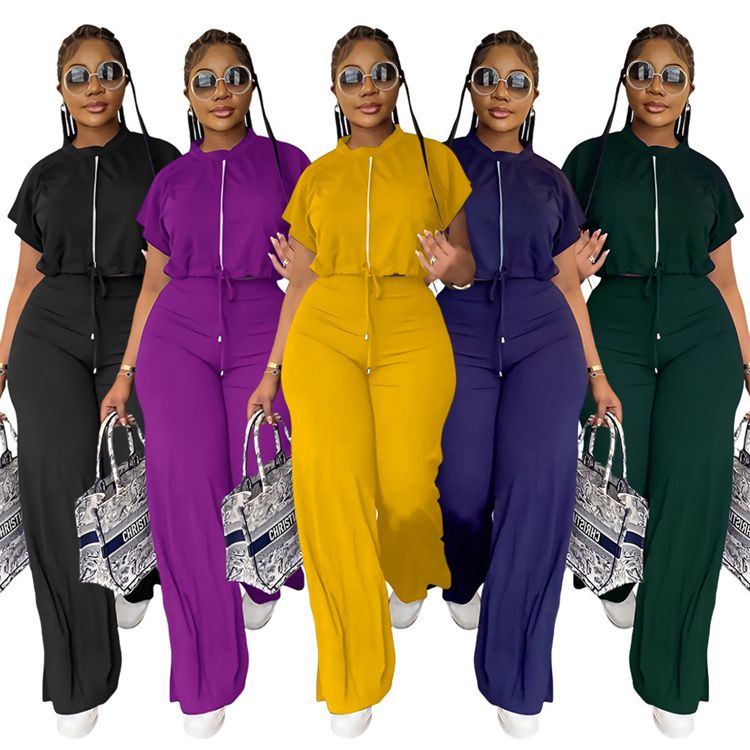 Drawstring Short Top High Waist Split Pants Summer Jogging Suits Two Piece Set Tracksuits