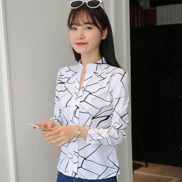 Fashion Stripe Print Casual Long Sleeve Office Lady Work Shirts Female Slim Stand Collar Blouse