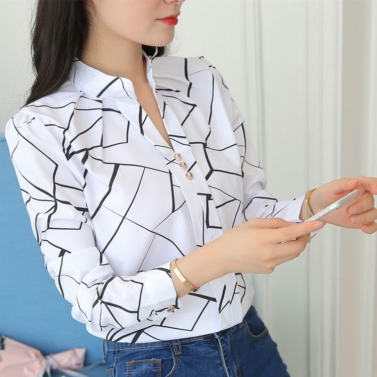 Fashion Stripe Print Casual Long Sleeve Office Lady Work Shirts Female Slim Stand Collar Blouse