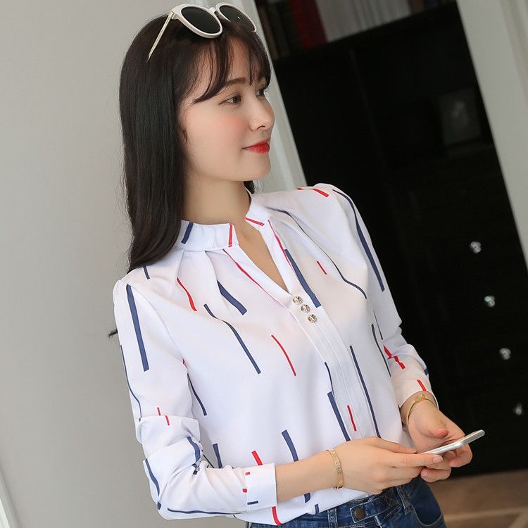 Fashion Stripe Print Casual Long Sleeve Office Lady Work Shirts Female Slim Stand Collar Blouse