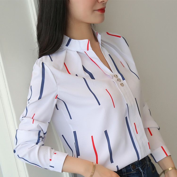 Fashion Stripe Print Casual Long Sleeve Office Lady Work Shirts Female Slim Stand Collar Blouse