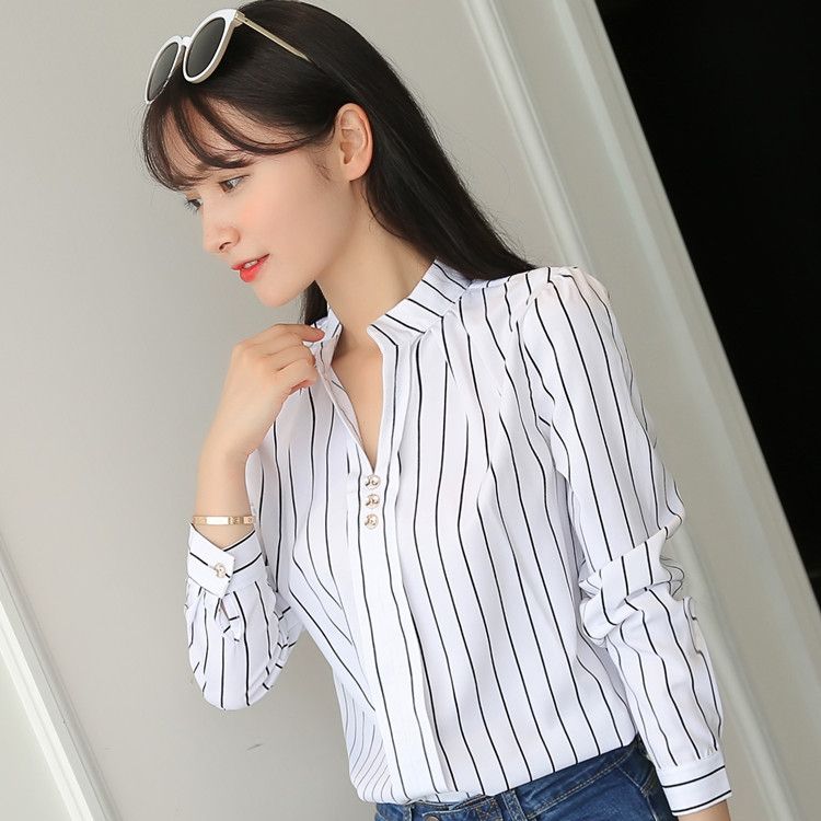 Fashion Stripe Print Casual Long Sleeve Office Lady Work Shirts Female Slim Stand Collar Blouse