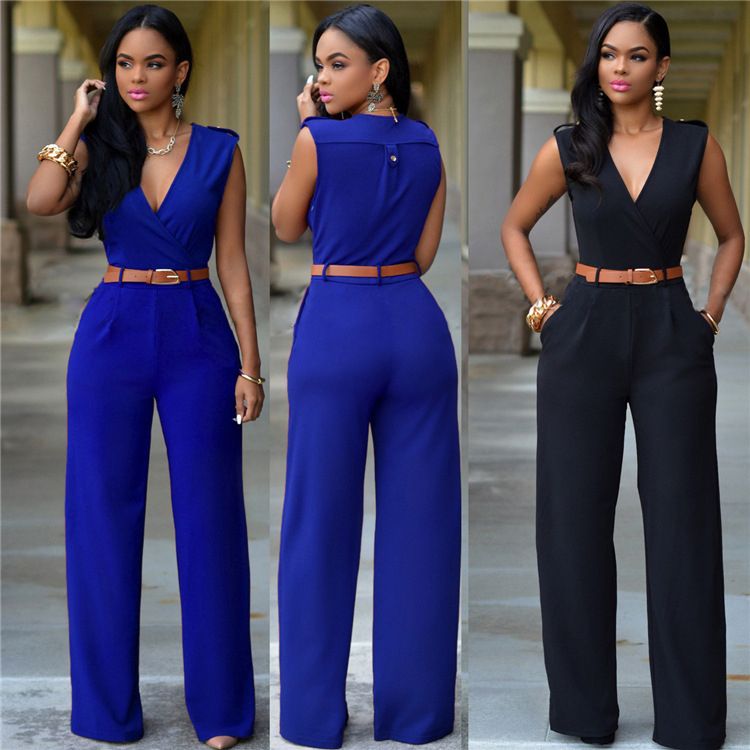 High-Waisted V-Neck Casual Jumpsuits Office Lady Wide Leg Pants Women Rompers