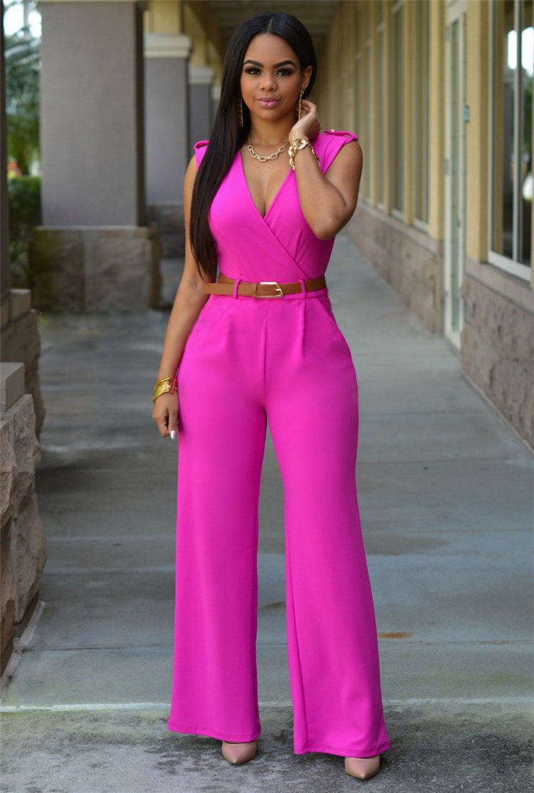 High-Waisted V-Neck Casual Jumpsuits Office Lady Wide Leg Pants Women Rompers