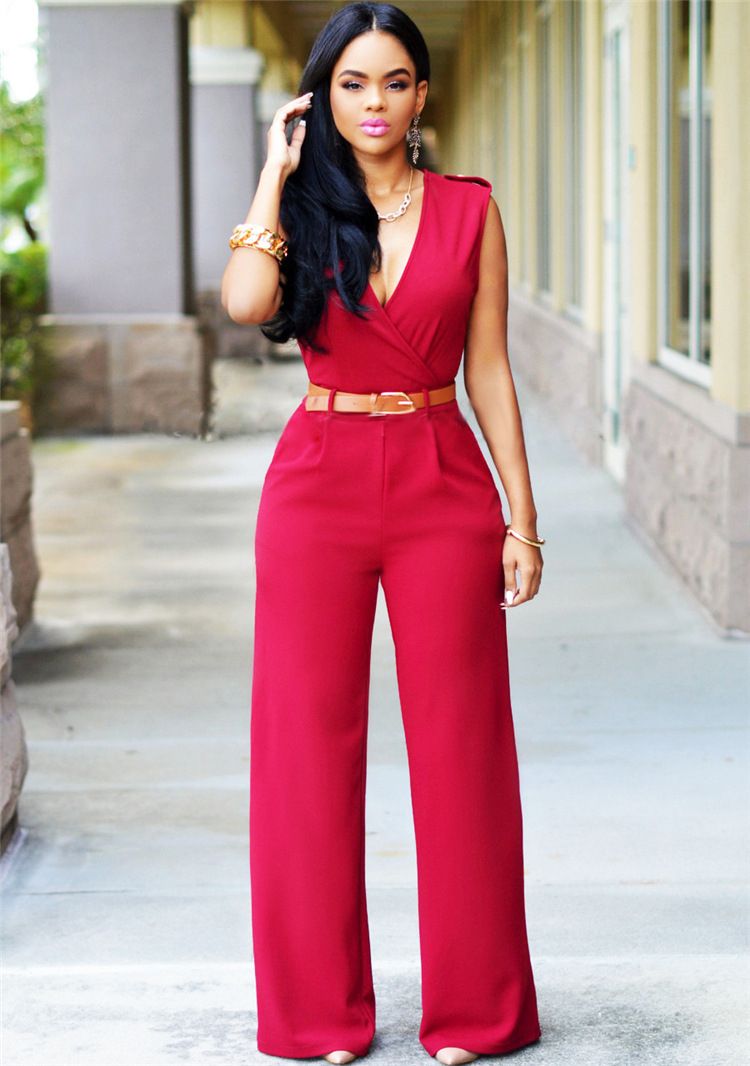 High-Waisted V-Neck Casual Jumpsuits Office Lady Wide Leg Pants Women Rompers