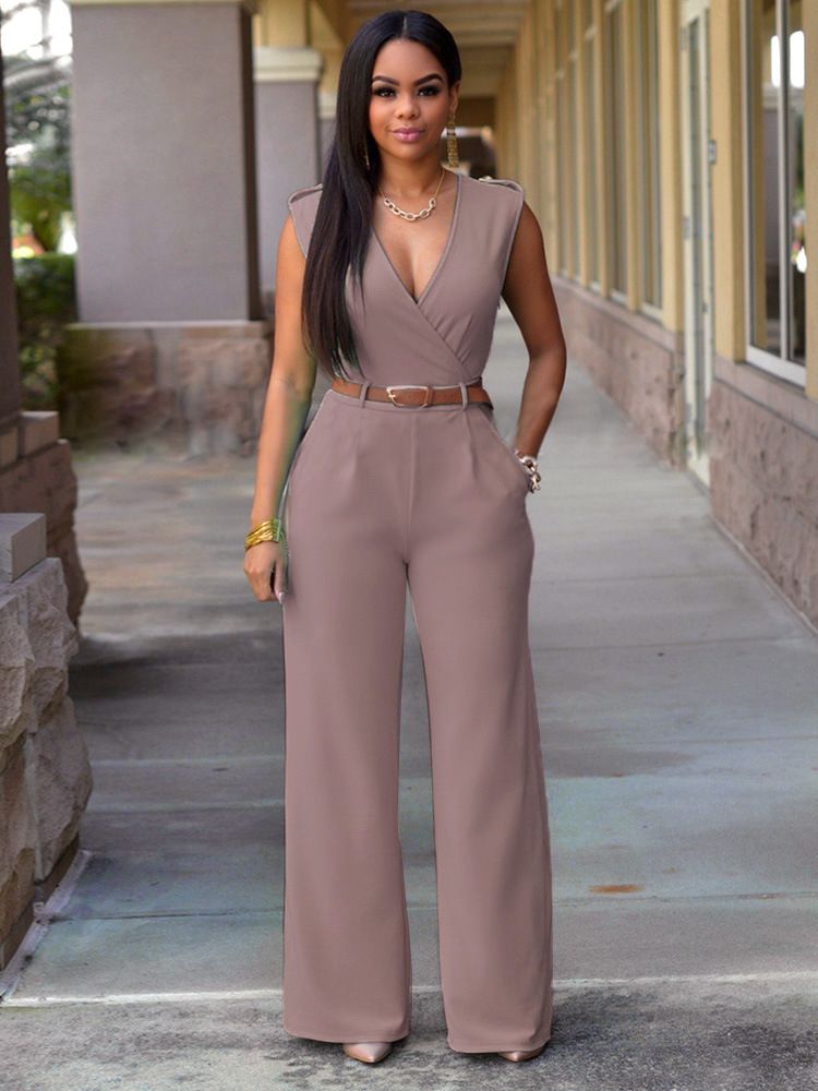 High-Waisted V-Neck Casual Jumpsuits Office Lady Wide Leg Pants Women Rompers