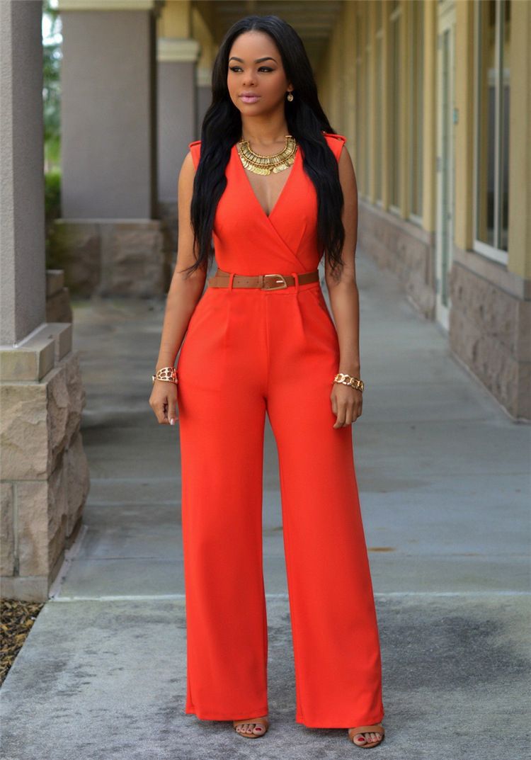 High-Waisted V-Neck Casual Jumpsuits Office Lady Wide Leg Pants Women Rompers