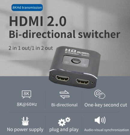 1PC 8K 60Hz HDMI Switch 2 Ports 2 In 1 Out Video Splitter for Laptop PC Xbox PS3/4/5 TV Box to Monitor TV Projector Adapter