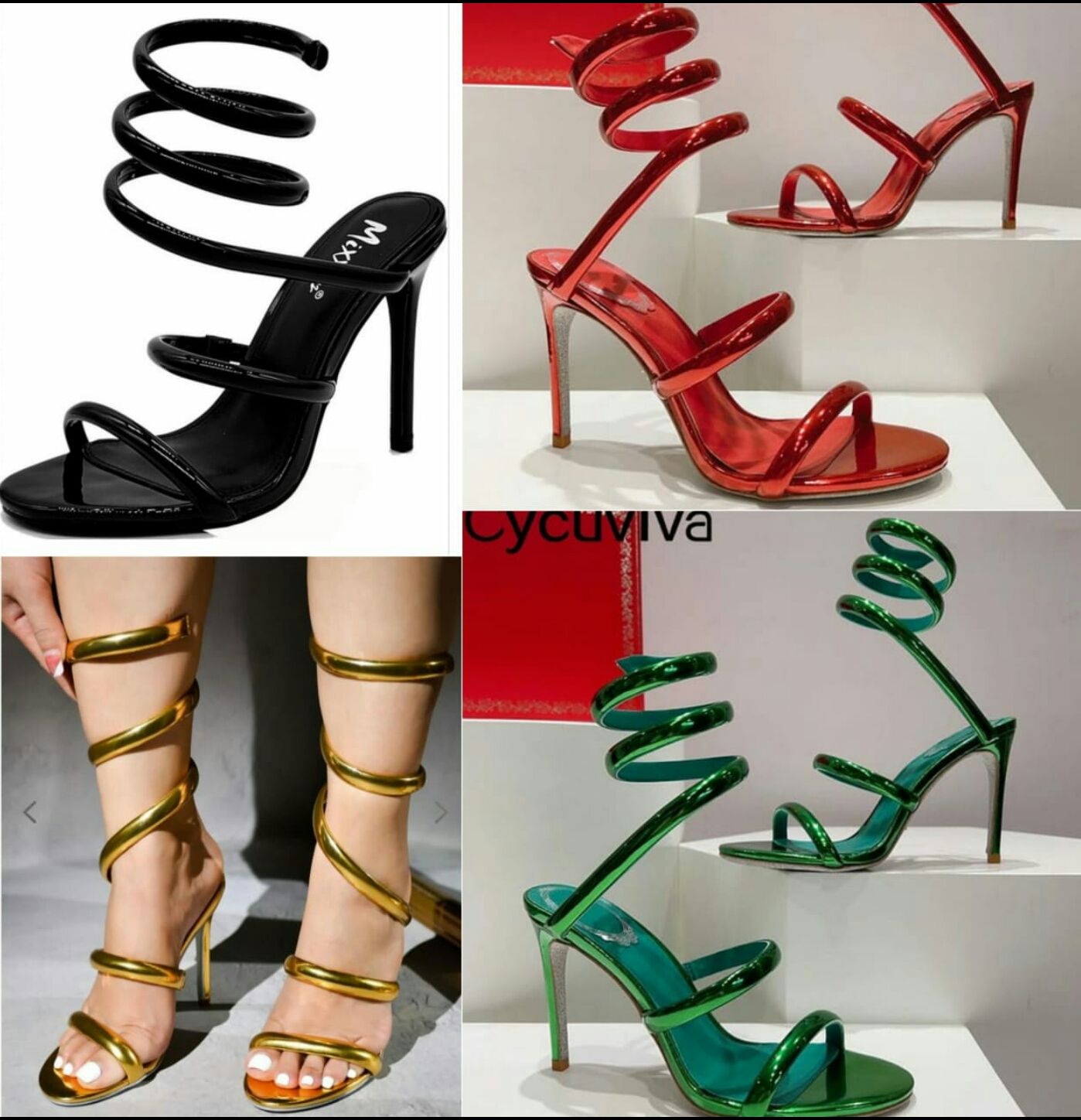 Ladies Heels, women Heels GREEN,BLACK, RED and GOLD HIGH QUALITY Spiral Strapy wetlook Heel (René Caovilla)