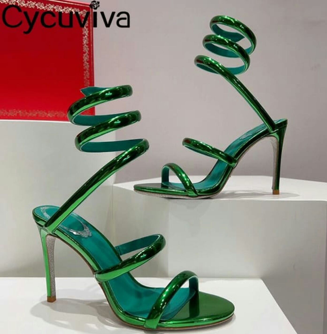 Ladies Heels, women Heels GREEN,BLACK, RED and GOLD HIGH QUALITY Spiral Strapy wetlook Heel (René Caovilla)