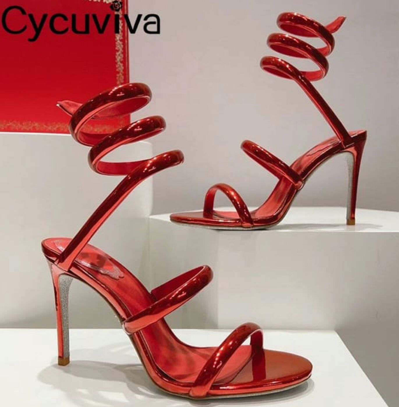 Ladies Heels, women Heels GREEN,BLACK, RED and GOLD HIGH QUALITY Spiral Strapy wetlook Heel (René Caovilla)